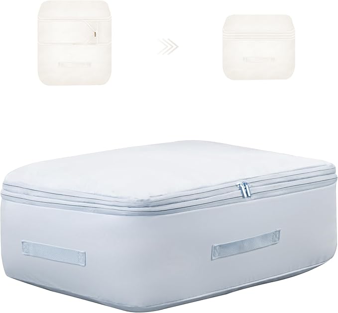 Ultra Space Saving Self Compression Organizer, Comforter Storage Bag for Clothes, Blankets, Pillows, Duvet, Comforters, Bedding Sets and Much More (Blue,L - 54 * 42 * 30cm)