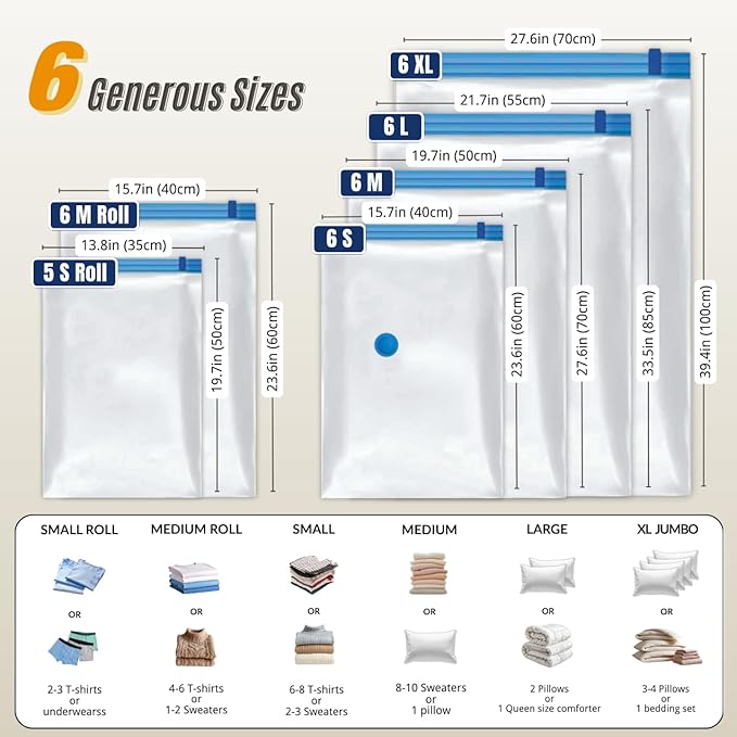 35 Pack Vacuum Storage Bags with Pump, Compression Space Saver for Comforters, Bedding, Blanket Storage, Vacuum Seal Bags for Clothing, Luggage and Closet Organizer, Safe Poly Material