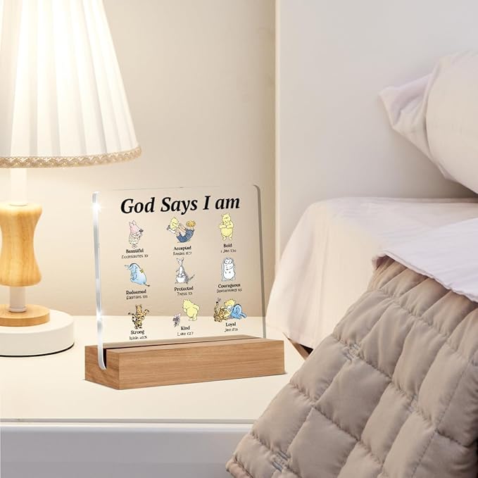 Pooh Bear Gifts for Women Christian Gifts Inspirational Gift God Says Pooh Clear Desk Decorative Sign Acrylic Sign With Wooden Stand for Office Desk Table Shelf