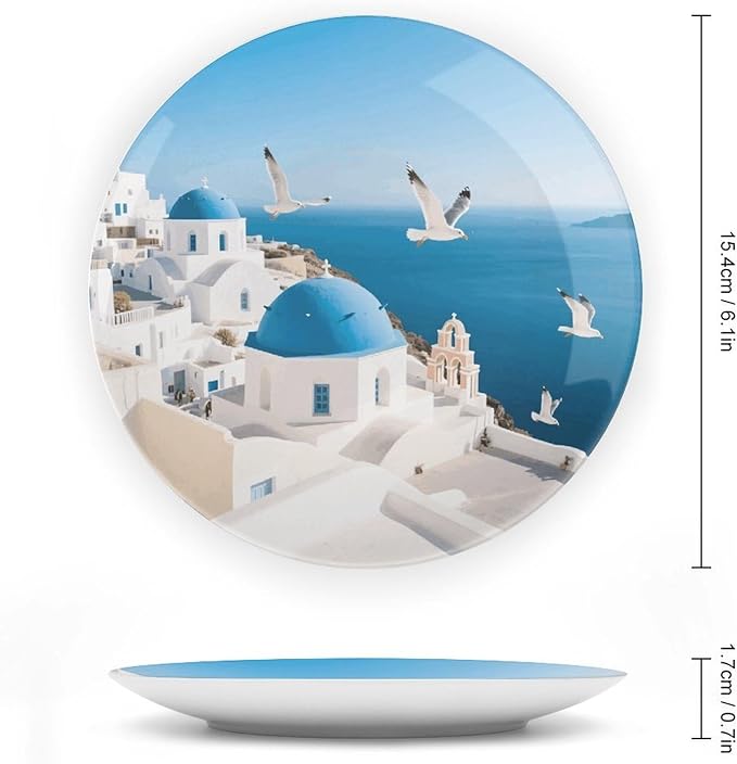 Santorini Greek Island Ceramic Display Plate Decorative Round Hanging Bone China Plate with Display Stand for Kitchen Dining Room Wine Cabinet Home Décor Art Decoration 6inch