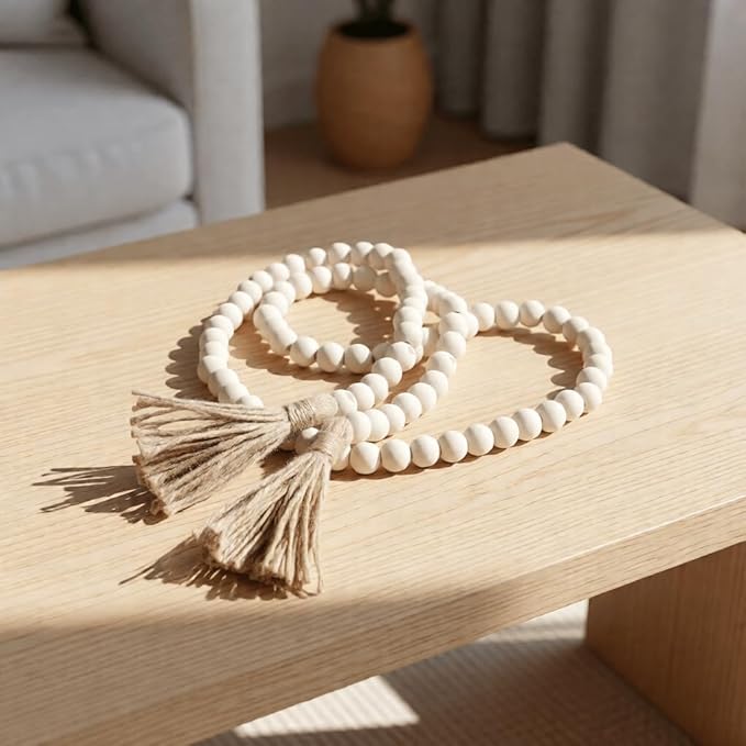 Farmhouse Beads 58in Wood Bead Garland with Tassels, Rustic Country Boho Wall Hanging Decor, Prayer Beads