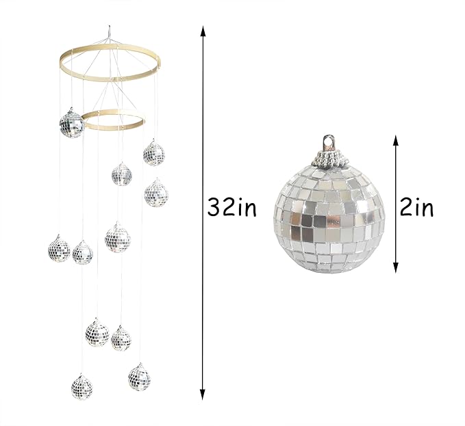 Disco Ball Mobile Spiral Spinner Ball 32 Inch Height with Bamboo Circle for Indoor Outdoor Yard Garden Patio Home Decoration and Party Weding Festival Birthday