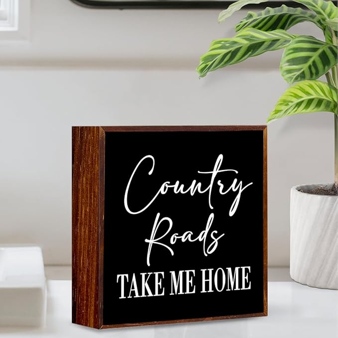 Country Roads, County Home Farmhouse Decor - Wooden Box Sign, Rustic Wood Plaque for Home, Kitchen, Bathroom - Black