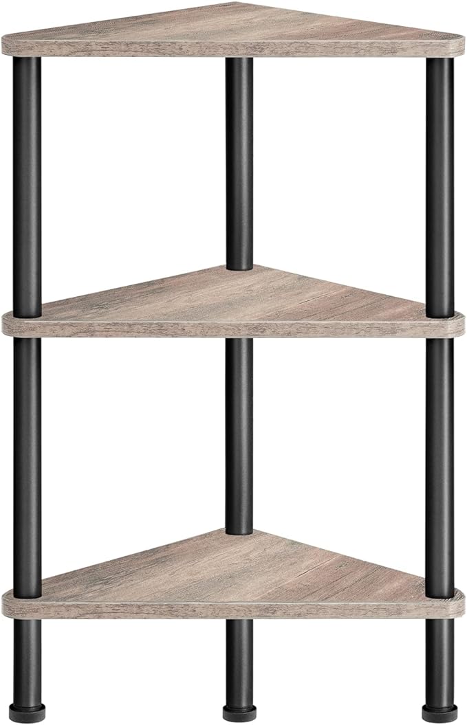 HOOBRO Corner Shelf Stand, Industrial 3-Tier Wall Corner Bookshelf with Metal Frame, Plant Display Shelf, Bookcase for Small Spaces, Living Room, Greige and Black BG30CJ01