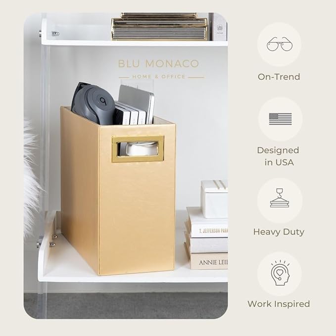 BLU MONACO | Magazine Holder Wooden Gold Basket | Vertical File Organizer for Floor or Bathroom | Narrow Decorative Storage Rack with Handles