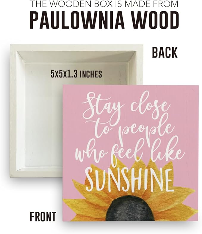 Sunflowers Pink Room Decor Sunflower Gifts for Women Spring Decor Pink Accessories Sunflower Wooden Box Sign for Home Office Desk Tabletop Shelf
