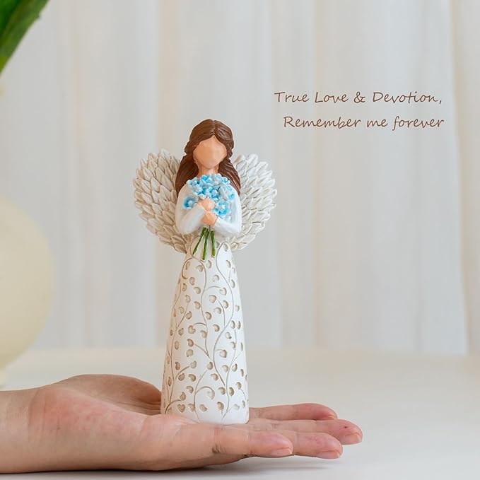 Decorative Angel Figurine with Forget-Me-Not Bouquet, White Dress with Leaf Pattern, Tree of Life Design - Collectible Sculpture for Mom Gifts, Forget Me Not Gifts for Women(Blue Flower)