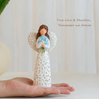 Decorative Angel Figurine with Forget-Me-Not Bouquet, White Dress with Leaf Pattern, Tree of Life Design - Collectible Sculpture for Mom Gifts, Forget Me Not Gifts for Women(Blue Flower)