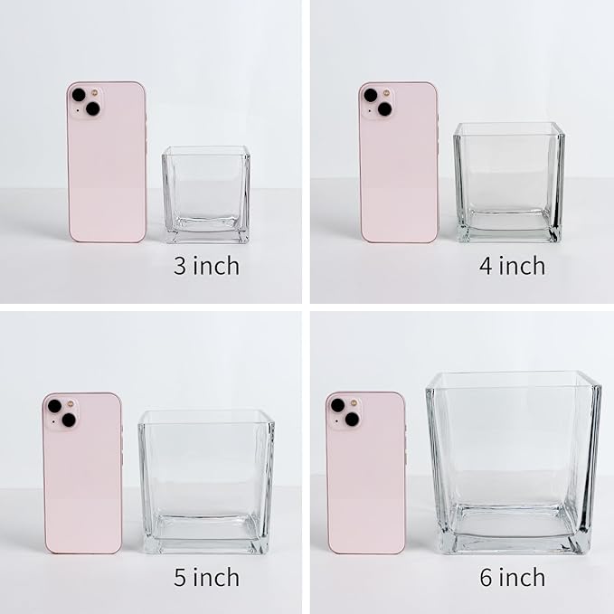 1 Pack Square Glass Vase 5" x 5" x 5", Clear Flower Vase for Centerpieces, Candle Holder for Wedding Party Events, Home Décor