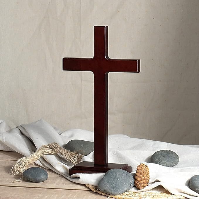 KUXBET Wooden Wall Cross with Stand for Hanging or Standing 12.5 Inch Jesus Christ Catholic Wood Crafted Cross for Wall Decoration Table Home Decor
