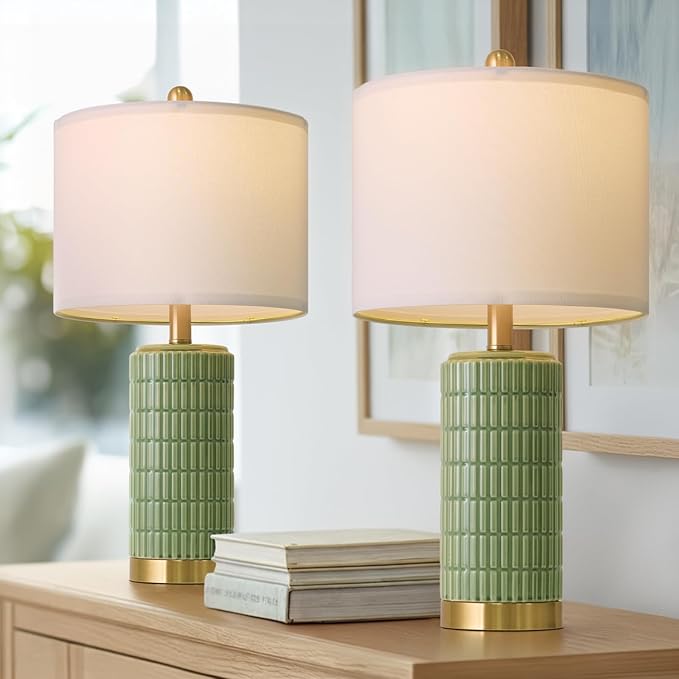 PoKat Bedside Table Lamps Set of 2 for Living Room with 2 USB Ports, 21.5'' Small Modern Nightstand Lamps for Bedroom, Ceramic Side Table Lamps with Gold Base for Office Entryway Decor Gift (Green)