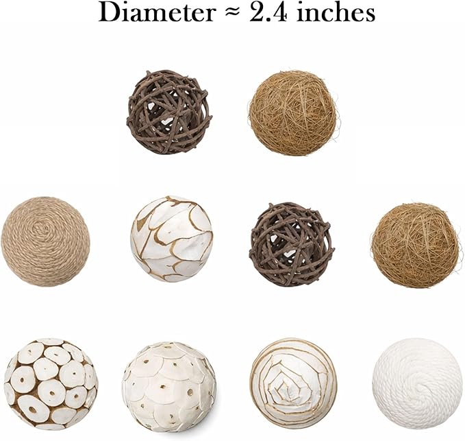 10pcs Decorative Balls for Bowl Centerpiece, Rattan Woven Vase Orbs Spheres Filler for Home Decor, Home Table Decor, Party Wedding, DIY Crafts, 2.4 inch