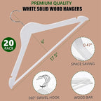 Amber Home 20 Pack White Wooden Coat Hangers, White Wood Suit Hangers with Non-Slip Pant Bar, Clothes Hangers for Closet Organization, Shirts, Jackets, Dresses, and Pants (White, 20)