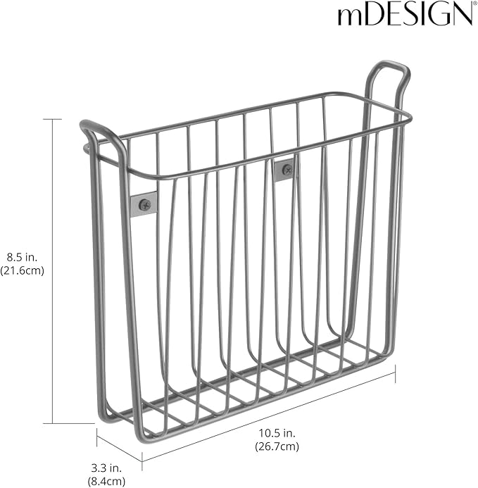 mDesign Metal Wall Mount Decorative Magazine Rack Organizer Bin Holder, Basket for Living Room, Bathroom, Bedroom, Home Office - Holds Books, Newspapers, Tablets - Concerto Collection - Graphite Gray