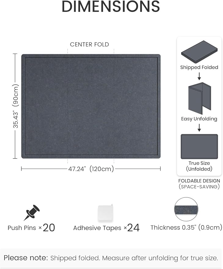 Fluxynara Large Bulletin Board, 47.2" x 35.4" Cork Board Alternative with 24 Safe Removable Adhesive Tabs, Foldable Felt Pin Board for Home Office, Classroom, Bedroom,Entryway for Walls—Navy Blue
