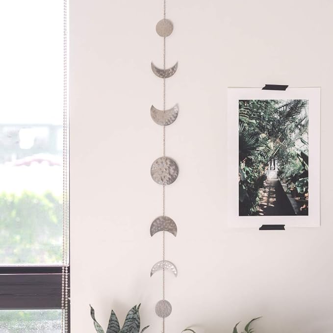 BASE ROOTS Moon Phase Wall Decor, Celestial Décor, Moon Décor & Boho Wall Décor, Silver Wall Art for Bedroom & Living Room, Bohemian Wall Decor, Handmade Hammered Metal 36" 7 Phases Moon Wall Decor, Gift for Women & Kids