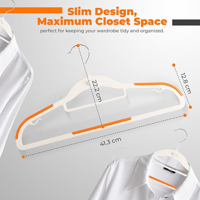 Lightweight White Plastic Hangers 10 Pack with Cascading Hook, Space Saving Thin, Closet Organizer, Orange Anti-Slip Pads, 360° Swivel, Tie Holder