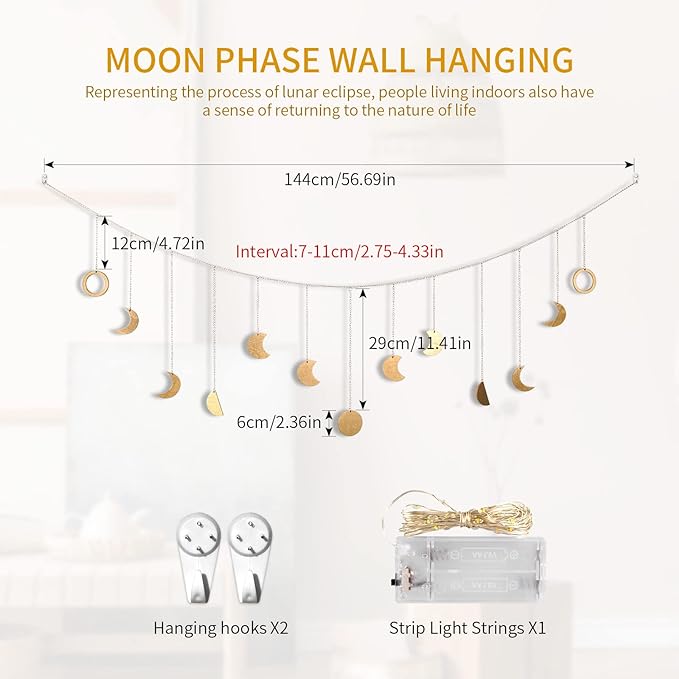 Moon Phase Wall Decor with LED String Light, 13 Gold Wood Boho Wall Hanging Decor Mood Garland 56'' - Celestial Phases Moon Decoration in Bohemian Style for Bedroom Living Room, Birthday Gifts