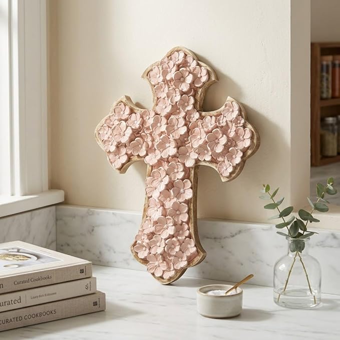 Dicksons Raised Flower Blossom Pastel Coral Pink 12 x 9 Resin Stone Hanging Wall Cross