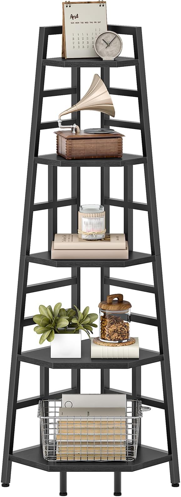 CHOEZON 70.1-Inch 5-Tier Tall Corner Shelf, Narrow Bookshelf for Small Spaces, Industrial Bookcase Display Stand for Living Room, Bedroom, Office, Black TCJ25BB