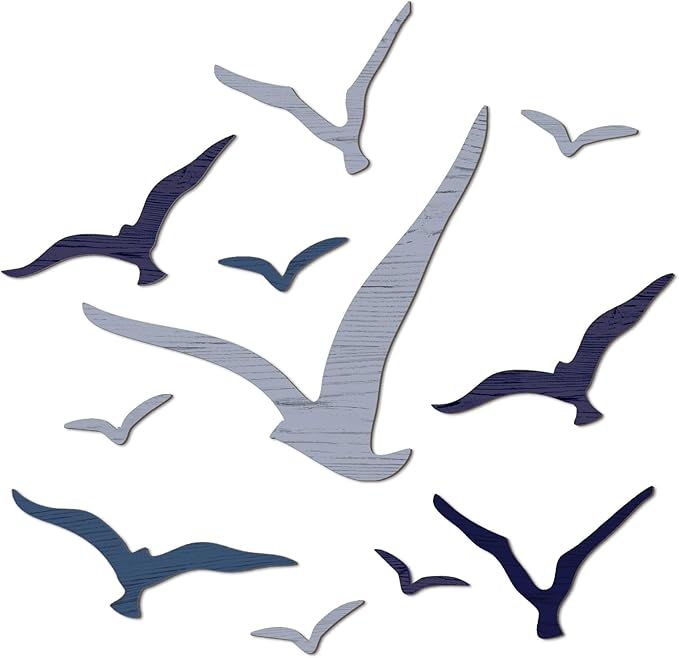 Wesiti 11 Pcs Wooden Seagull Wall Decor Nautical Theme Beach Coastal Art Small Seagull Sea Birds Wall Decor Ocean Adhesive Sculpture Vintage Ornaments for Home Bathroom(Blue)
