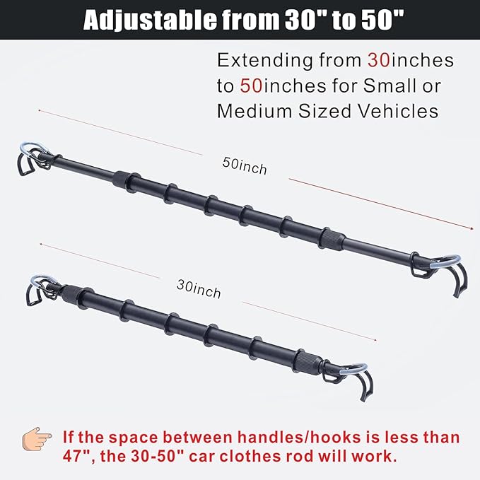 Car Clothes Hanger Bar Adjustable Garment Rack 30''-50'' Heavy-Duty Hanger Rod for Small or Medium Vehicles Travel Closet Black Metal Pole for Auto Clothing Organizers & Storage (Hold up to 120lbs)