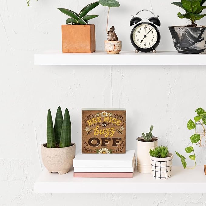 Bee Decor Summer Wall Decor Bee Nice Or Buzz Off Summer Decorations Wooden Box Sign for Home Office Farmhouse Table Shelf