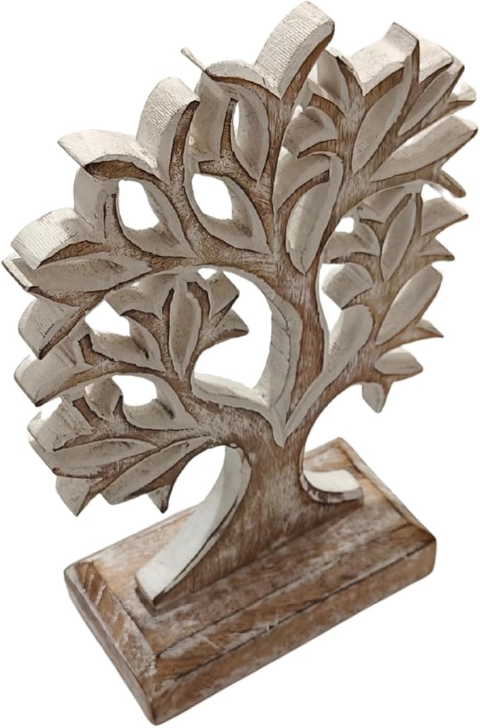 VANIYA CRAFTS® Wooden Tree of Life Decor – Handmade Carved Sculpture Statue for Home Decor, Living Room, Bedroom, Office Desk, or Shelf Display (Antique White)