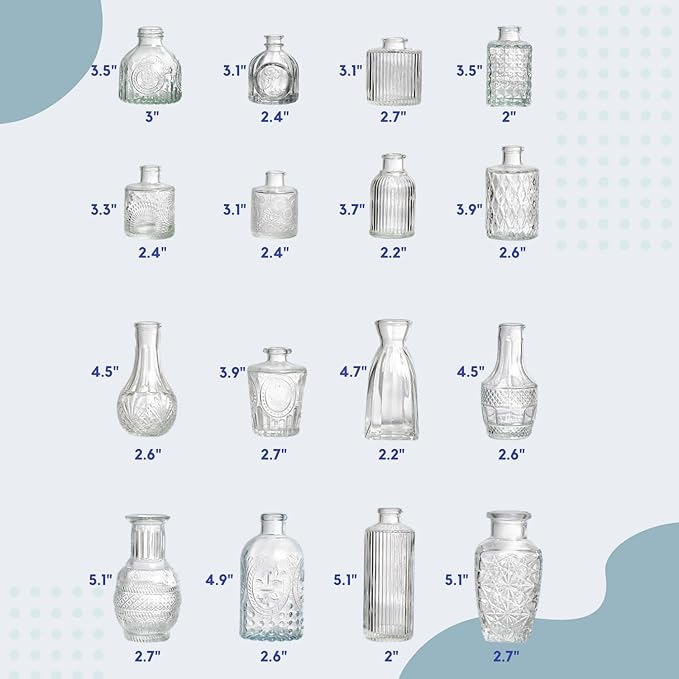 16 Pack Glass Bud Vases for Centerpieces - Bulk Small Flower Vases Set of 16, Mini Vintage Vases, 4 Styles for Party, Wedding Decorations, Baby Shower, Home Table Flower Décor (Clear)