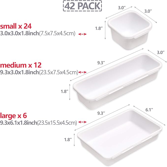 42 Pack Interlocking Desk Drawer Organizer Tray Dividers Plastic Shallow Narrow Drawers Organizers Separators Storage Bins Container for Kitchen Bathroom Makeup Office Vanity Dresser White