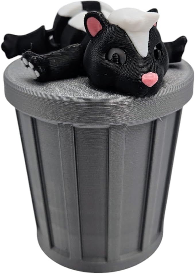 Articulating Animals Raccoon, Fox, Panda, Skunk, Possum with Containers - 3D Printed Articulated Joints ADHD, Autism, Relief Anxiety, Collectible Figurines (Skunk Trash Can)