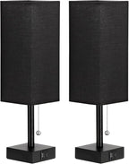 Bedside Table Lamps Set of 2 - Black Bedroom Lamps with 3 Color Temperatures (3000K/5000K/4000K), Two Square Nightstand Lamps with USB C + A Charging Ports, Pull Chain Small Night Light for End Table