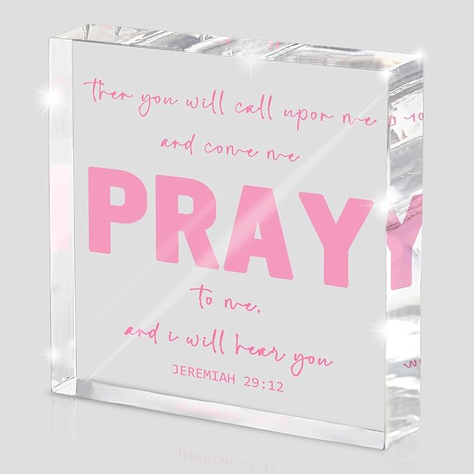 Pink Inspirational Decor- Bible Verse Art Christian Gifts for Women- Pink Acrylic Dorm Room Decor for Women - Pray to me- Office Desk Accessories Decor Sign 4x 4 Inches