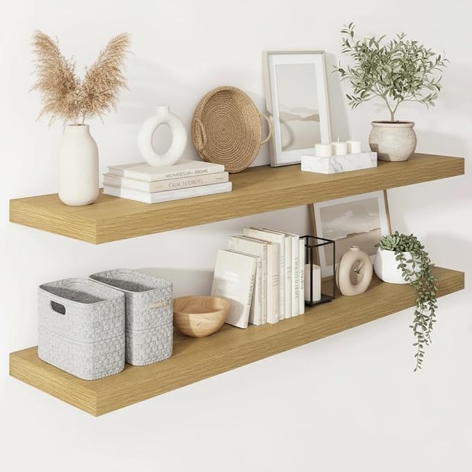 Vivelove 12 Inch Deep Floating Shelves 47.2 inch Long, 2 Inch Thick Wall Shelves with Invisible Brackets, Shelf for Bedroom Bathroom Living Room Kitchen Office Home Decor, Modern Shelf Set of 2, Oak