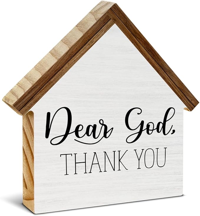 Christian Home Decor, Dear God Thank You House Shaped Wood Sign, Christian Farmhouse Living Room Decor for Desk Table Shelf