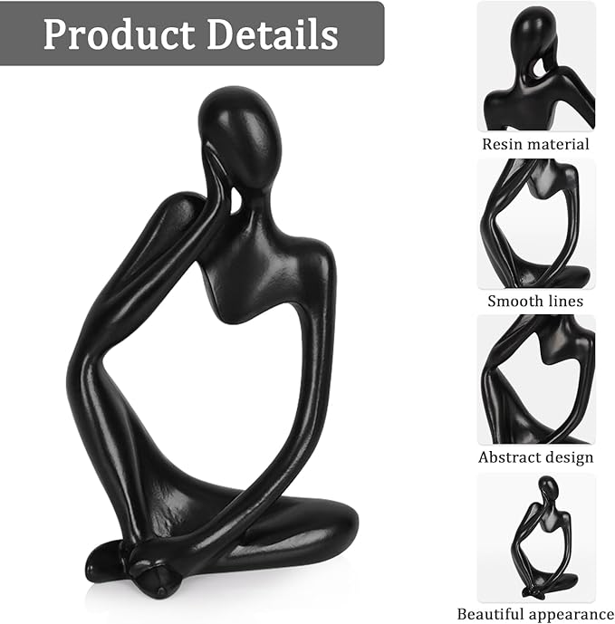 Sandstone Resin Thinker Style Abstract Sculpture Statue Collectible Figurines Home Office Bookshelf Desktop Decor (Small Black, Left)