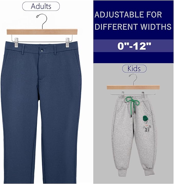 Amber Home 24 Pack Wooden Pants Hangers with Clips, 14" Natural Wood Skirt & Trouser Hangers, Closet Hangers for Jeans, Slacks, Shorts, with 2-Adjustable Clips (Natural, 24)