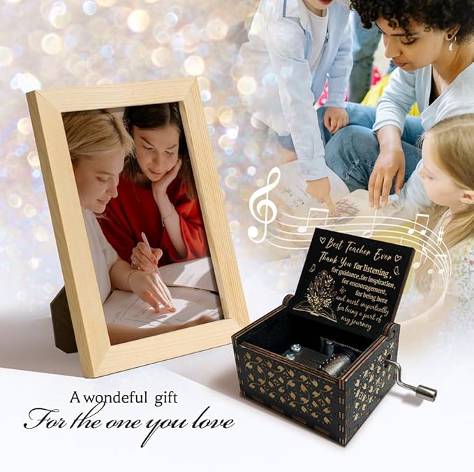 Teacher Appreciation Gifts for Women,Men,Hand Crank Antique Engraved Wood Music Boxes,Thank You Gift for Teacher on Christmas,Thansgiving Day,Birthday,Teacher's Day,Retired