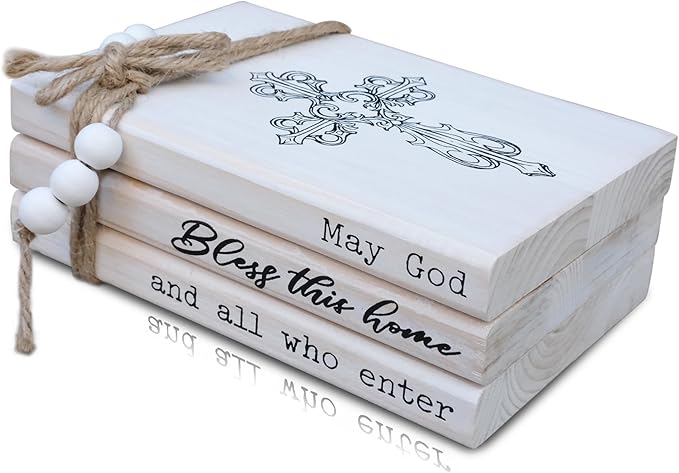 LIVDUCOT Rustic Decorative Coffee Table Books for Home, Wood Book Stack Decor Set of 3, Farmhouse Mantel Decor, Christian Gifts (May God Bless This Home And All Who Enter)