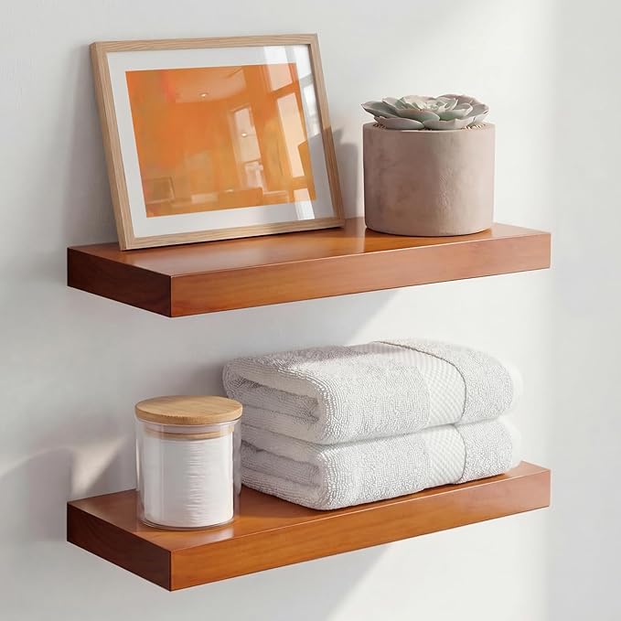 Homeforia 16 inch Oak Floating Shelf, High End Solid Real Wood 16inch Small Floating Shelves for Wall Mounted, Honey Oak Wooden 16in Floating Shelves, Heavy Duty Bracket, 16 X 6.5 X 1.75 in, Set of 2