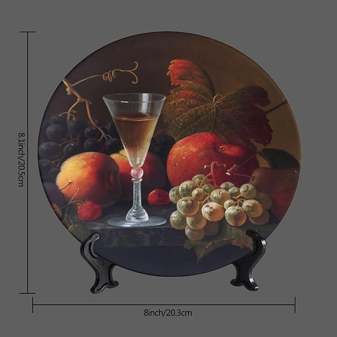WineDecorative Ceramic Plates, 8 Inch, Fruits and Wine Round Display Plate, Decorative Plates with Stand, for Kitchen Party Coffee Table Decor Art