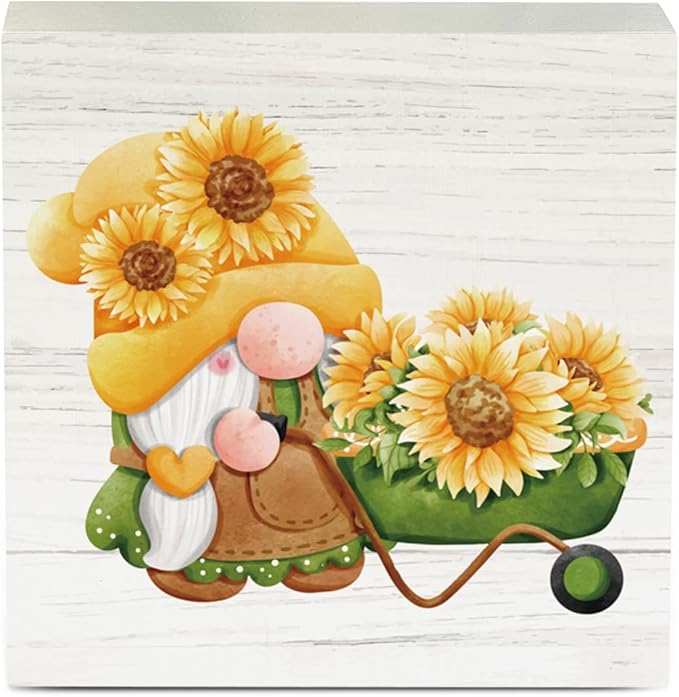 Farmhouse Sunflower Gnome Wooden Box Sign Rustic Country Sunflowers Truck Box Sign Wood Sign Decor Summer Square Wood Sign Home Desk Tabletop Shelf Decor 5 x 5