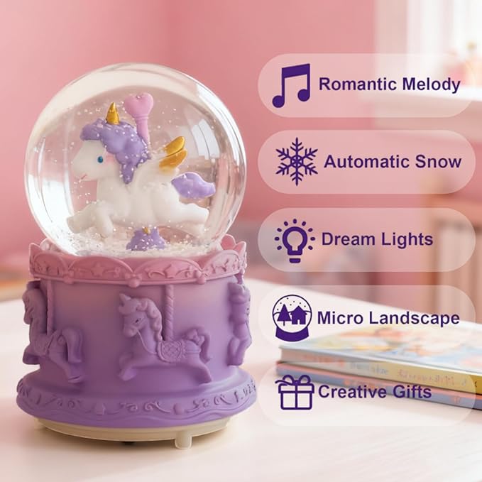 Unicorn Snow Globes,Kids Music Snowglobes with LED 7 Colors Lights,Automatic Snow Fall Effect,Home Decor for Children Room Essentials,Christmas or Birthday Gifts for 3-15 Year Old Girls