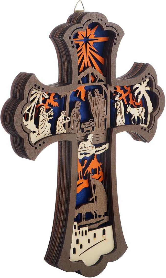KOMI Wooden Nativity Cross for Wall, 9 Inch Wood Carved Manger Scene Wall Cross Hanging Decor Catholic Religious Wall Art Perfect for Office Living Room Christmas Gifts