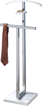 Kings Brand Furniture Vaccaro Metal Suit Valet Stand – Freestanding Clothes Organizer with Jacket Hanger, Pants Bar, Tie Holder & Storage Shelf – Modern Bedroom Garment Rack, White/Chrome