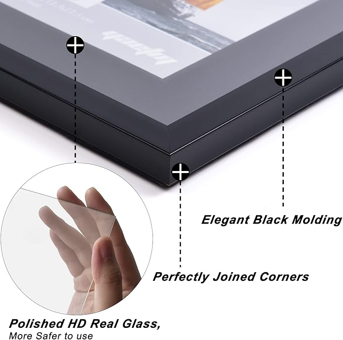 Yaetm 11x14 Double Floating Mat Picture Frame Set of 4, Display Picture 8x10 with Black Double Mat, Polished High Definition Tempered Glass, Wall Mounting Photo Frames, Black/Black