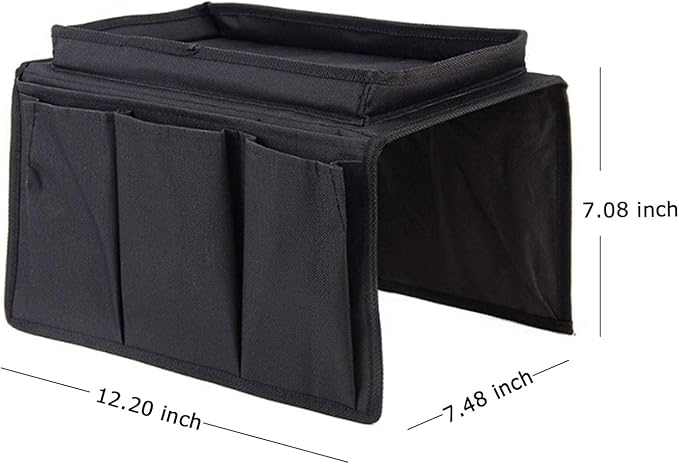 Sofa Armrest Organizer, Couch TV Remote Storage Organizer with Pockets for Recliner Armchair Snacks Glasses Smartphone Magazines Pouch (Black+Black)