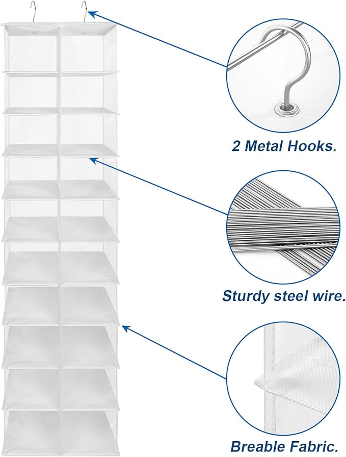coastal rose Hanging Shoe Organizer for Closet, 20 Sections Hanging Closet Organizers and Storage Shelves, Space Saving Shoe Storage Rack Holder, Transparent White, 12''W×12''Dx 50''H