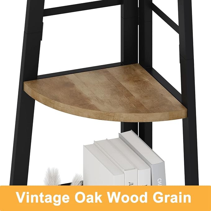 BON AUGURE Corner Ladder Shelf, 5 Tier Metal Wood Corner Bookshelf, Tall Shelving Unit Shelf Plant Stand for Living Room, Home Office, Bathroom (Vintage Oak)