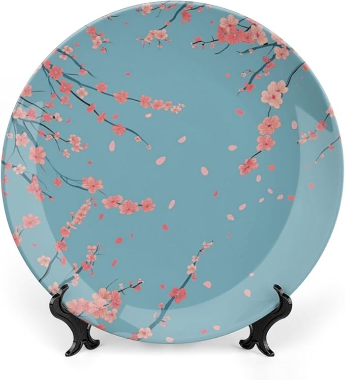 Japanese Spring Theme Decorative Ceramic Plate Round Porcelain Plate,Sakura Tree Branches Pattern,for Decorative Ornaments Giving Plates, 1 Plate with 1 Display Stand,Blue Pink,6 inch